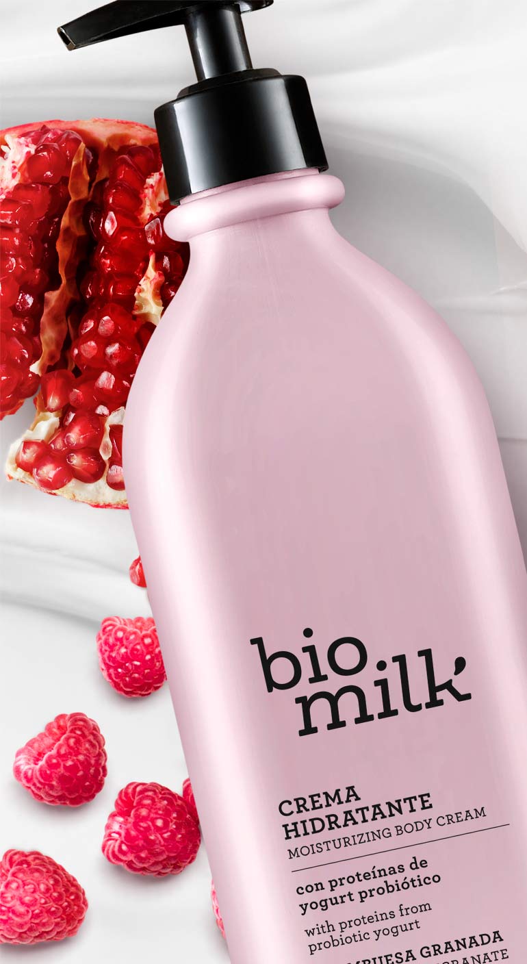 envase practicocrema hidratante corporal bio milk frambuesa granada